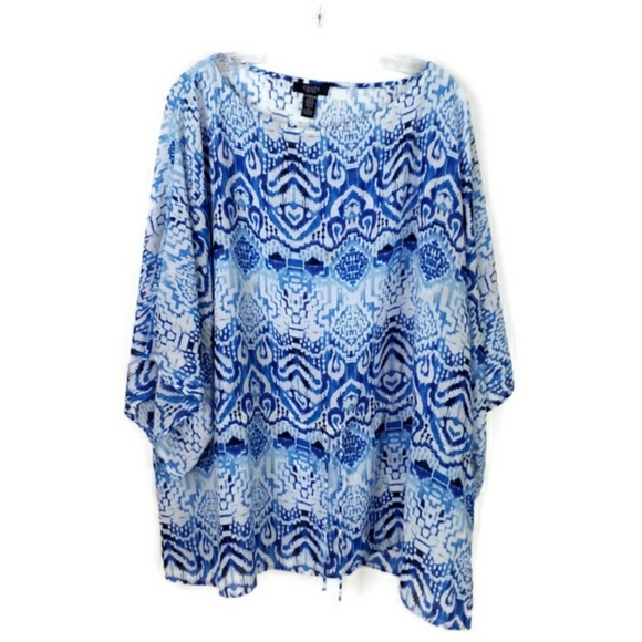 Chaps Blue White Semi Sheer Multiprint Short Dolman Sleeve Blouse Womens 3X - Picture 1 of 12